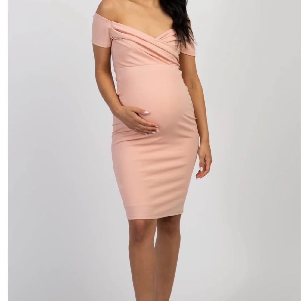 NWT PinkBlush Light Pink Solid Off Shoulder Maternity Fitted Dress
